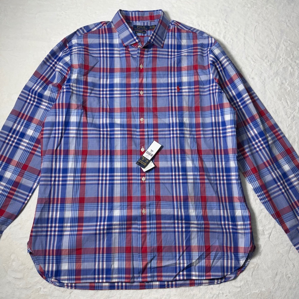 Polo Ralph Lauren Mens Slim Fit Size XXL Red Blue Plaid Long Sleeve Button Up